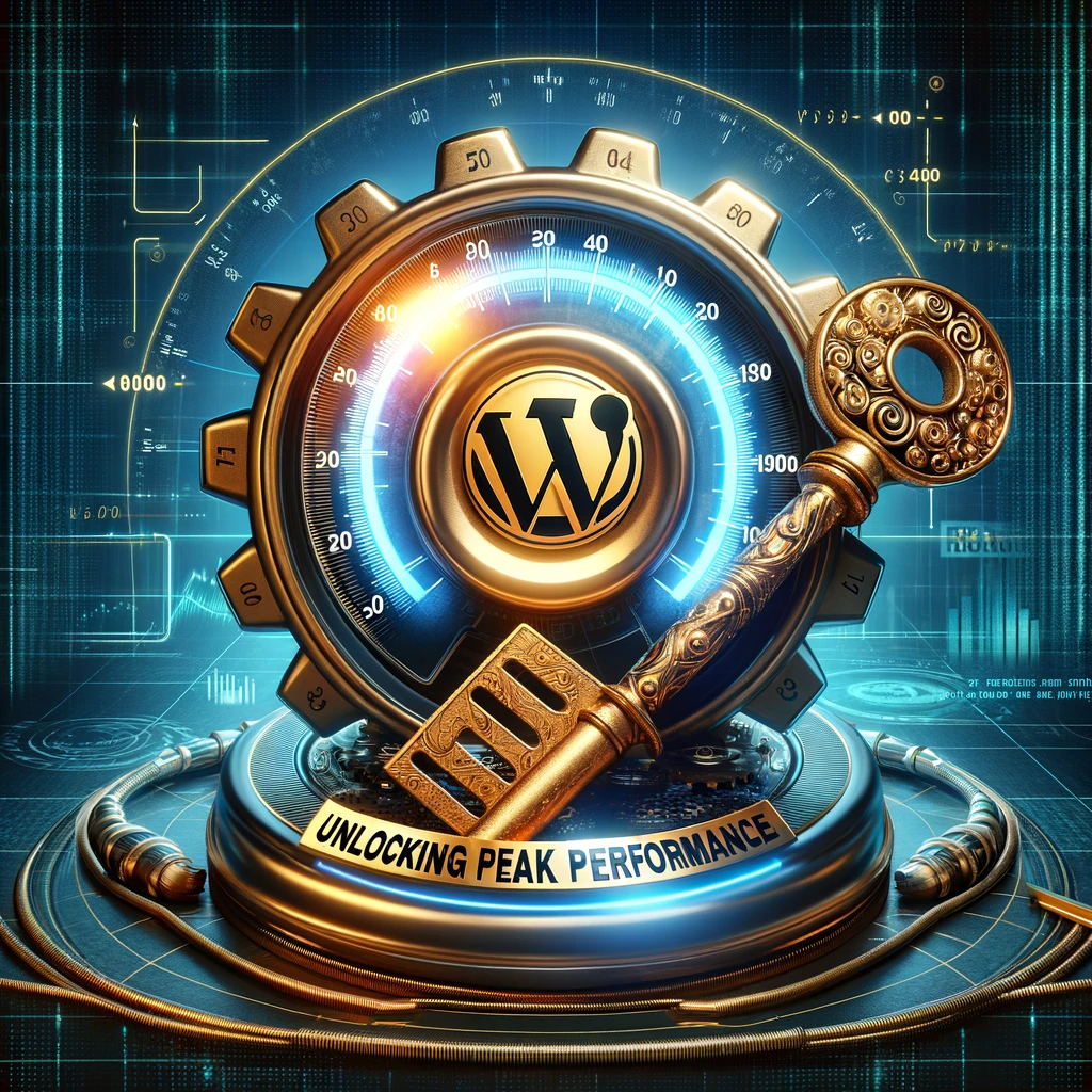 A golden key with the label 'Performance' unlocking a radiant WordPress logo inside a speedometer, surrounded by digital elements and optimization symbols.